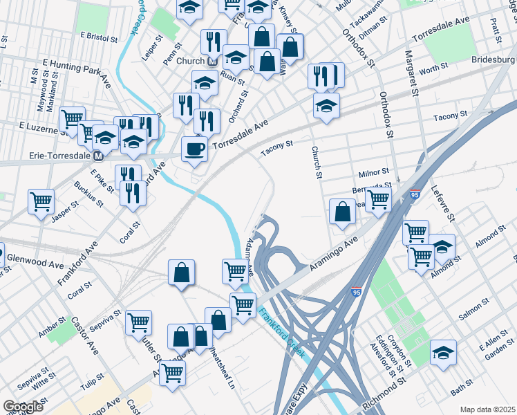 map of restaurants, bars, coffee shops, grocery stores, and more near 4069 Ashland Street in Philadelphia