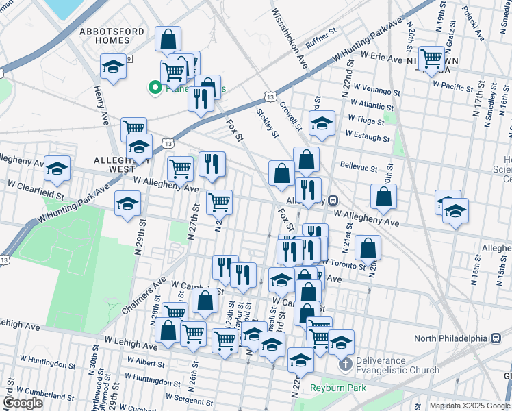 map of restaurants, bars, coffee shops, grocery stores, and more near 2430 West Allegheny Avenue in Philadelphia