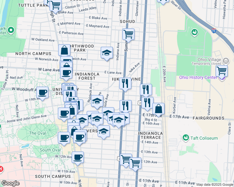map of restaurants, bars, coffee shops, grocery stores, and more near 1986 Indianola Avenue in Columbus