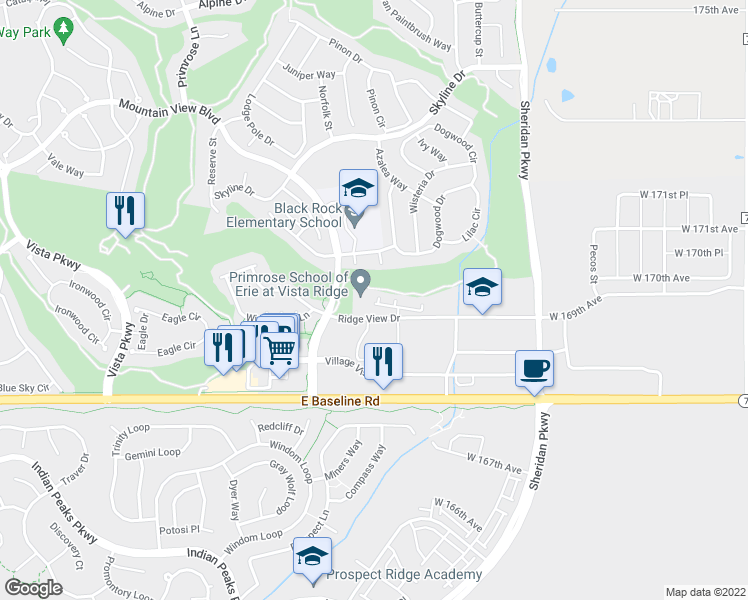 map of restaurants, bars, coffee shops, grocery stores, and more near 1611 Ridge View Court in Erie
