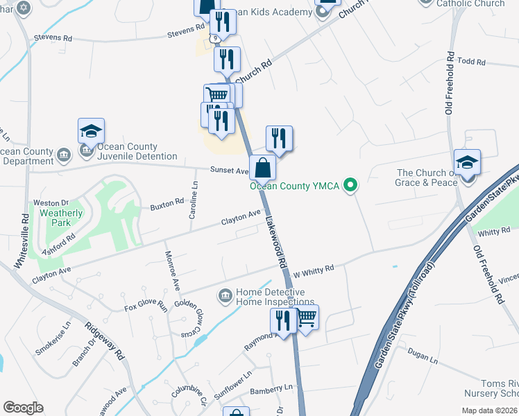 map of restaurants, bars, coffee shops, grocery stores, and more near 3 Clayton Avenue in Toms River