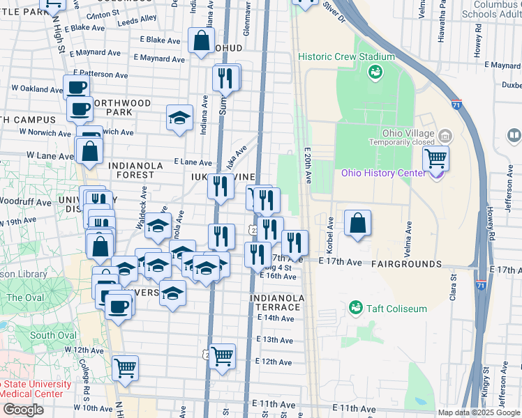map of restaurants, bars, coffee shops, grocery stores, and more near 1966 North 4th Street in Columbus