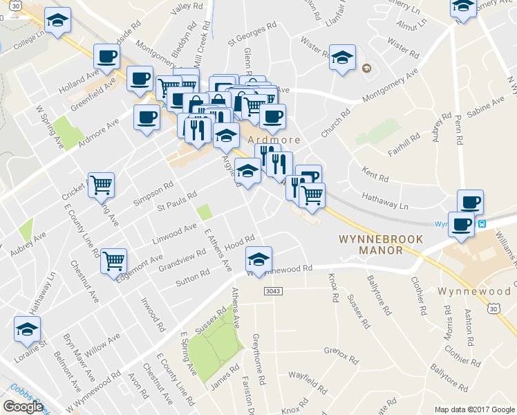 map of restaurants, bars, coffee shops, grocery stores, and more near 40 Wellington Road in Ardmore