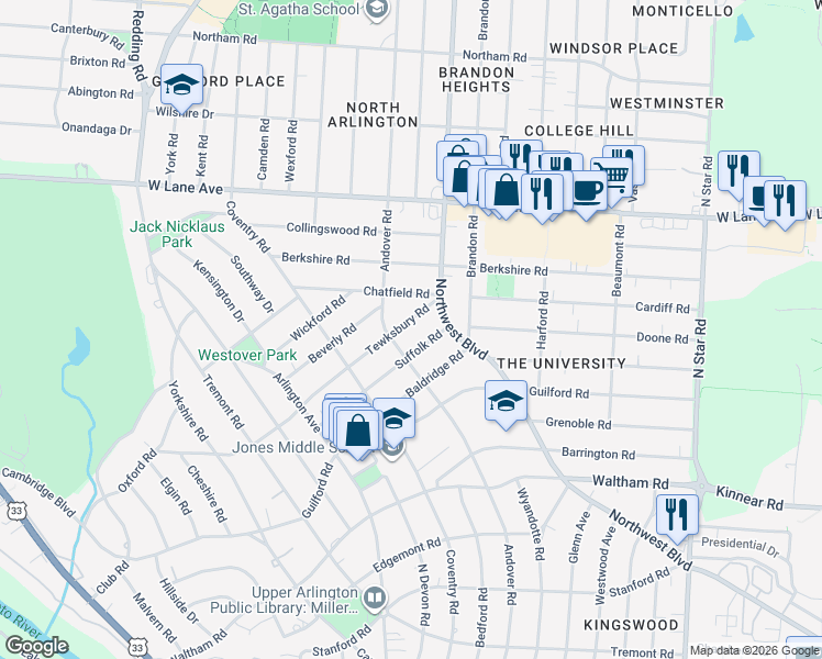 map of restaurants, bars, coffee shops, grocery stores, and more near 1869 Tewksbury Road in Columbus
