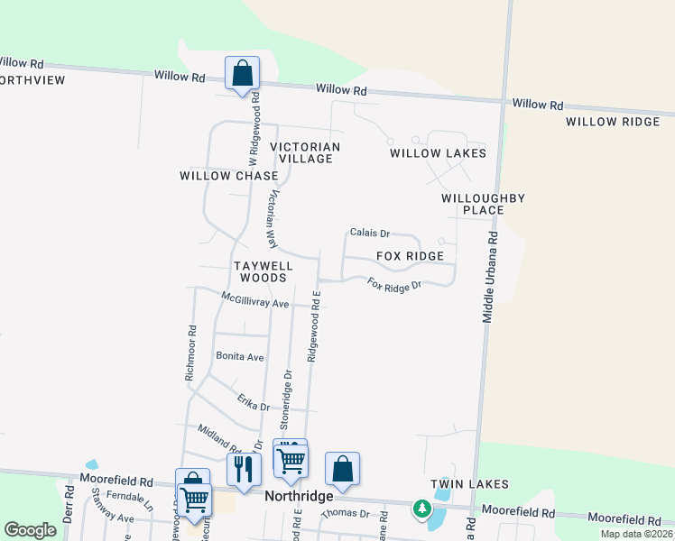 map of restaurants, bars, coffee shops, grocery stores, and more near 5541 Calais Drive in Springfield