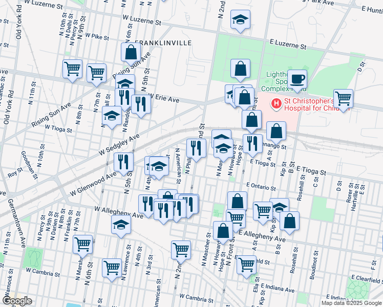 map of restaurants, bars, coffee shops, grocery stores, and more near 216 West Tioga Street in Philadelphia
