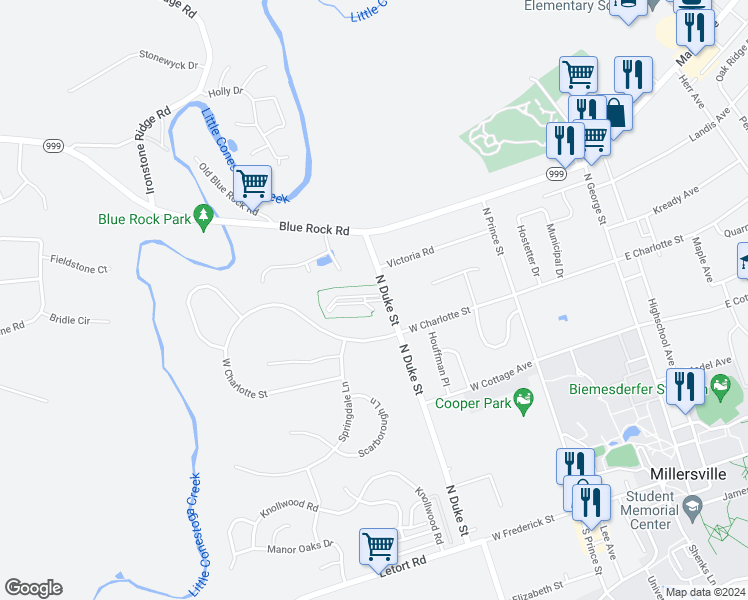 map of restaurants, bars, coffee shops, grocery stores, and more near College Manor Avenue in Millersville