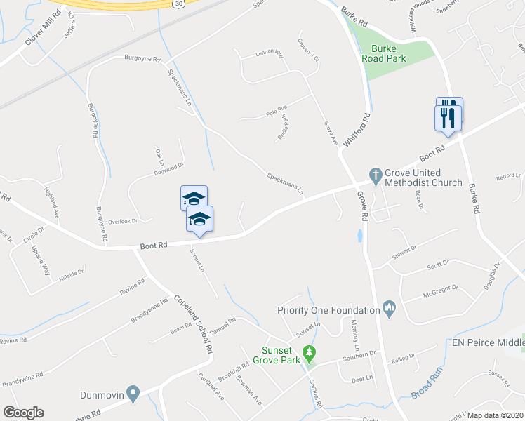 map of restaurants, bars, coffee shops, grocery stores, and more near 579 Boot Road in West Chester