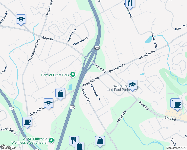 map of restaurants, bars, coffee shops, grocery stores, and more near 1205 Nottingham Drive in West Chester