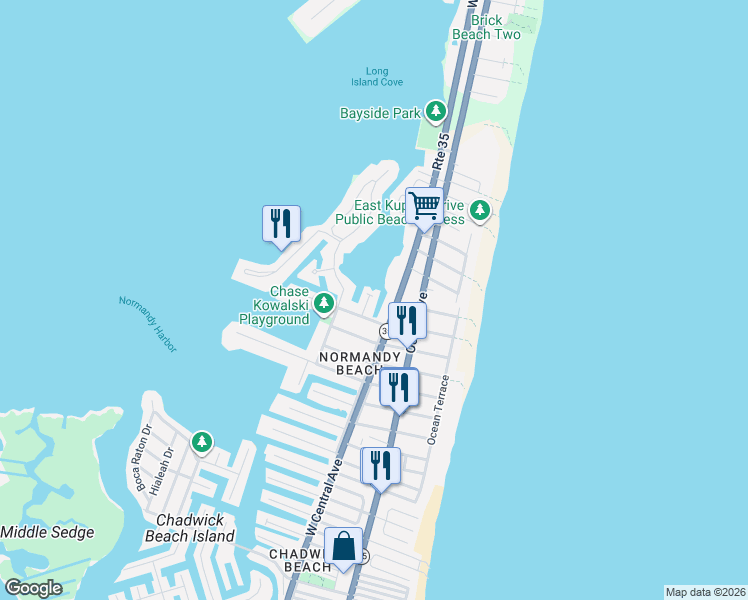 map of restaurants, bars, coffee shops, grocery stores, and more near 530 Lake Court in Mantoloking