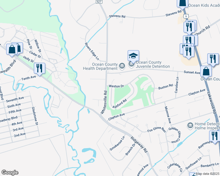 map of restaurants, bars, coffee shops, grocery stores, and more near 300 Ashford Road in Toms River
