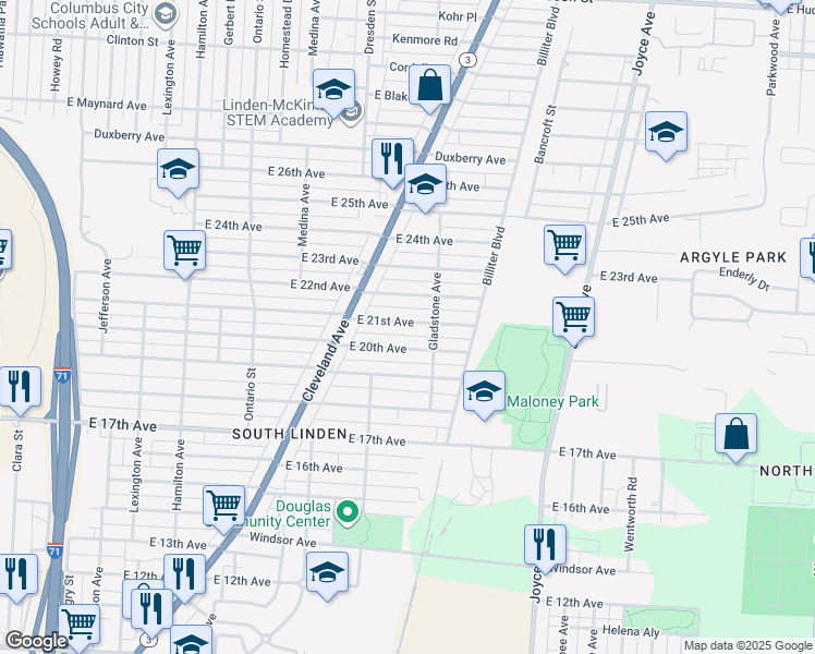 map of restaurants, bars, coffee shops, grocery stores, and more near 1385 East 21st Avenue in Columbus
