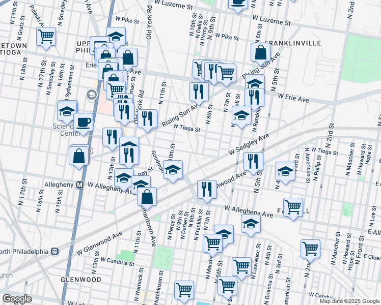 map of restaurants, bars, coffee shops, grocery stores, and more near 900 West Ontario Street in Philadelphia