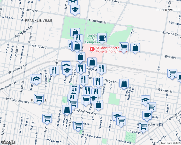 map of restaurants, bars, coffee shops, grocery stores, and more near 3533 A Street in Philadelphia