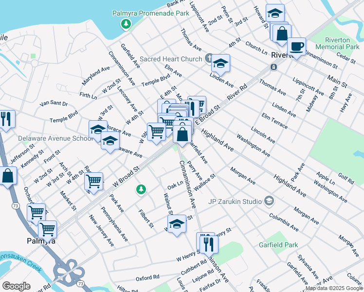 map of restaurants, bars, coffee shops, grocery stores, and more near 600 Cinnaminson Avenue in Palmyra