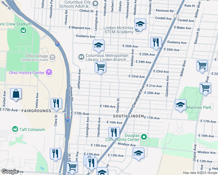 map of restaurants, bars, coffee shops, grocery stores, and more near 1106 East 20th Avenue in Columbus
