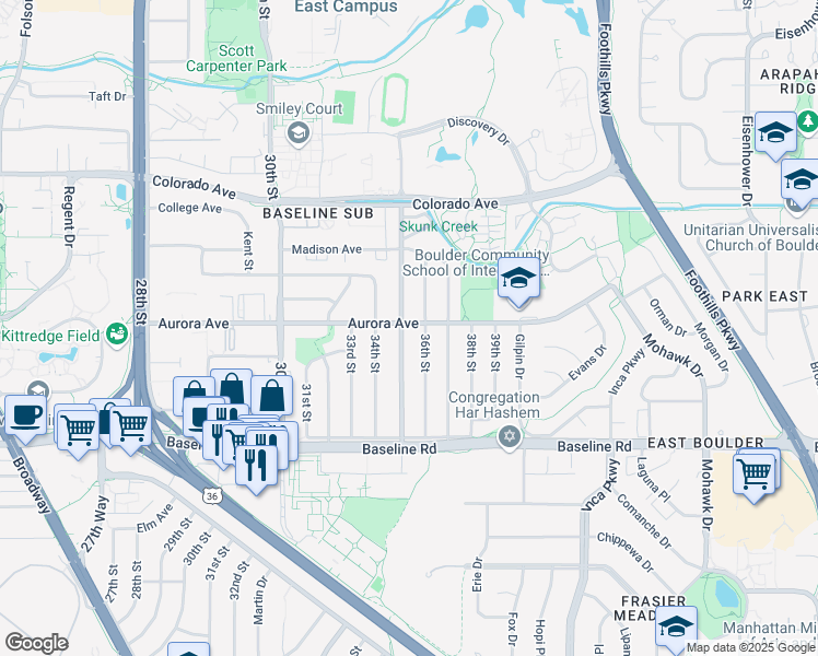 map of restaurants, bars, coffee shops, grocery stores, and more near 875 36th Street in Boulder