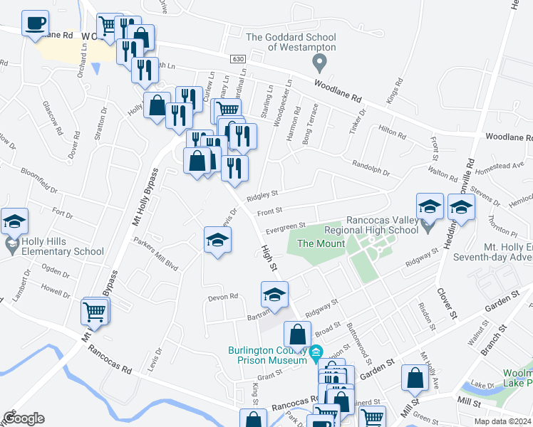 map of restaurants, bars, coffee shops, grocery stores, and more near 22 Front Street in Mount Holly