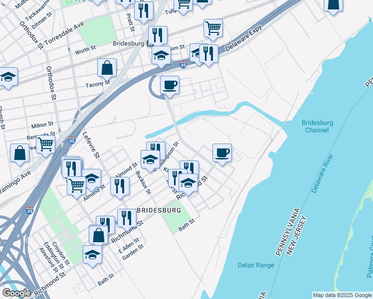 map of restaurants, bars, coffee shops, grocery stores, and more near 2690 Bridge Street in Philadelphia