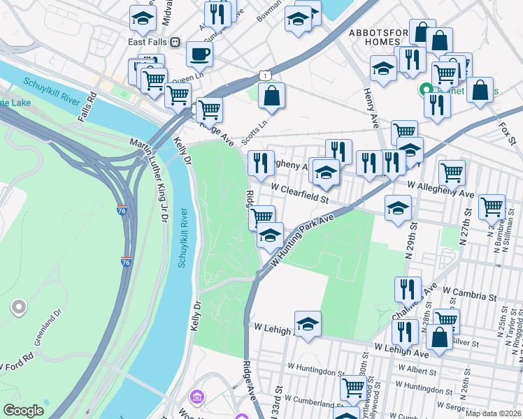 map of restaurants, bars, coffee shops, grocery stores, and more near 3000 North 34th Street in Philadelphia