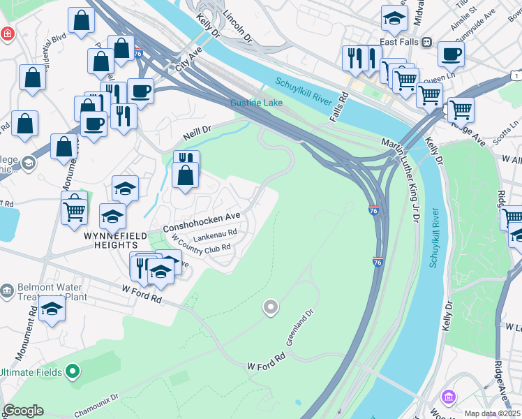map of restaurants, bars, coffee shops, grocery stores, and more near 2765 East Country Club Road in Philadelphia