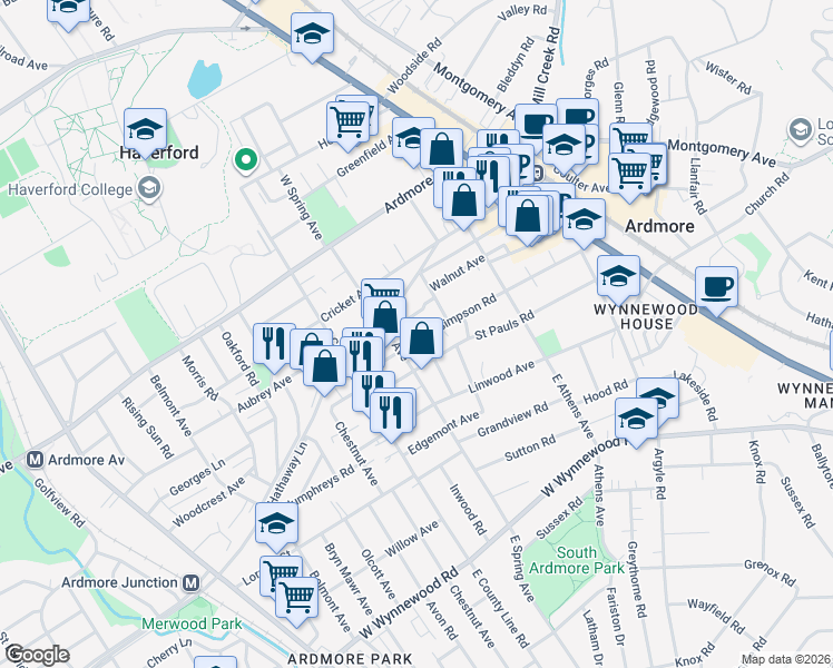 map of restaurants, bars, coffee shops, grocery stores, and more near 158 Simpson Road in Ardmore