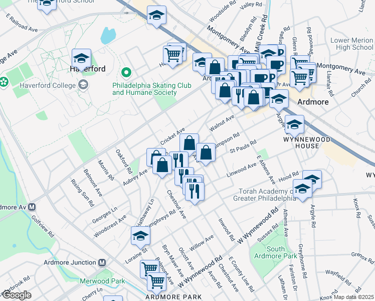 map of restaurants, bars, coffee shops, grocery stores, and more near 65 East Spring Avenue in Ardmore