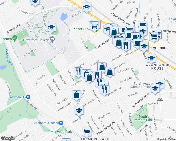 map of restaurants, bars, coffee shops, grocery stores, and more near 3 East County Line Road in Ardmore