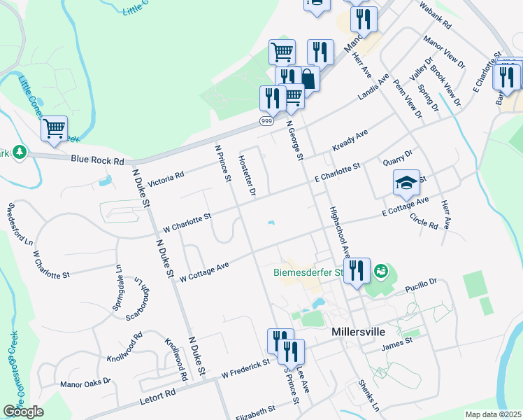 map of restaurants, bars, coffee shops, grocery stores, and more near 68 West Charlotte Street in Millersville