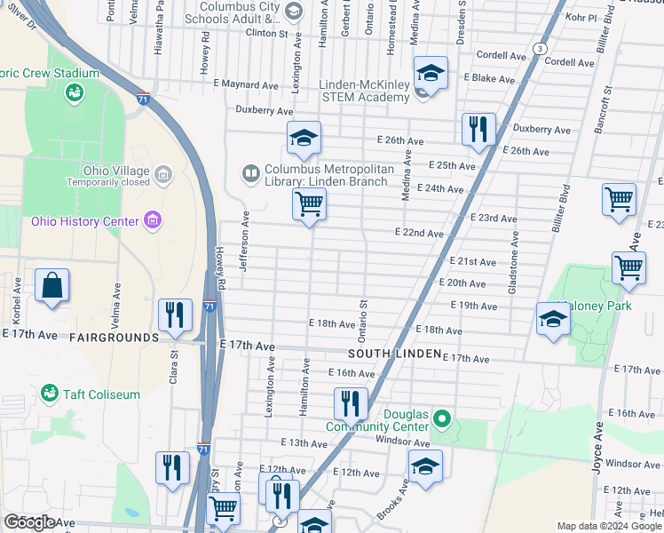 map of restaurants, bars, coffee shops, grocery stores, and more near 1106 East 20th Avenue in Columbus