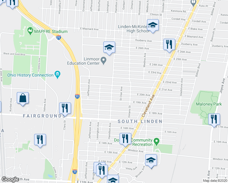 map of restaurants, bars, coffee shops, grocery stores, and more near 1047 East 20th Avenue in Columbus