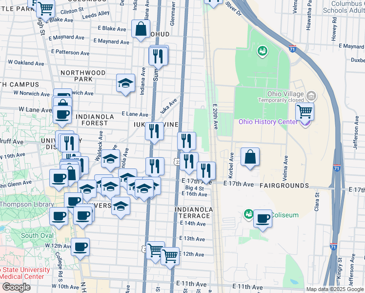 map of restaurants, bars, coffee shops, grocery stores, and more near 1966 North 4th Street in Columbus