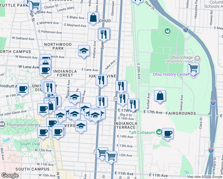 map of restaurants, bars, coffee shops, grocery stores, and more near 336 East 19th Avenue in Columbus