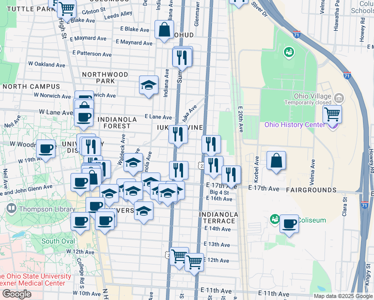 map of restaurants, bars, coffee shops, grocery stores, and more near 336 East 19th Avenue in Columbus
