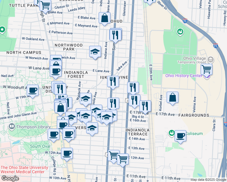 map of restaurants, bars, coffee shops, grocery stores, and more near 1975 Summit Street in Columbus