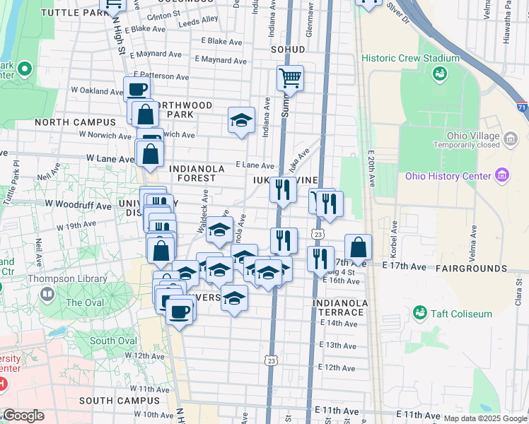 map of restaurants, bars, coffee shops, grocery stores, and more near 1986 Indianola Avenue in Columbus