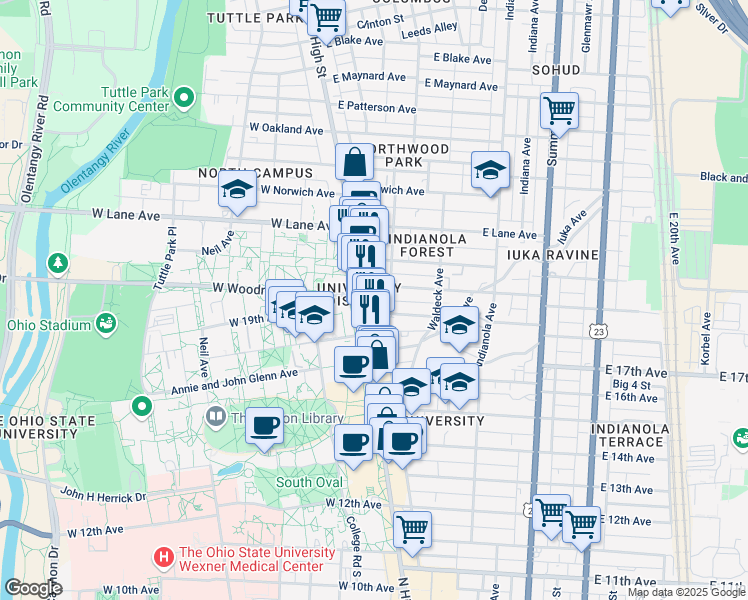 map of restaurants, bars, coffee shops, grocery stores, and more near in Columbus
