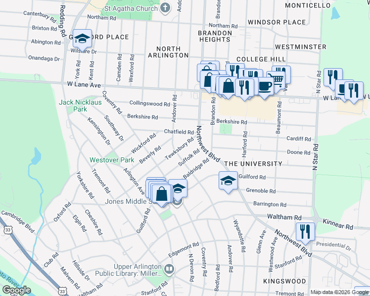 map of restaurants, bars, coffee shops, grocery stores, and more near 1869 Tewksbury Road in Columbus