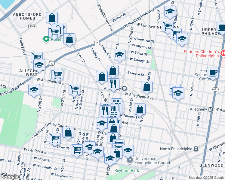 map of restaurants, bars, coffee shops, grocery stores, and more near 2233 West Allegheny Avenue in Philadelphia
