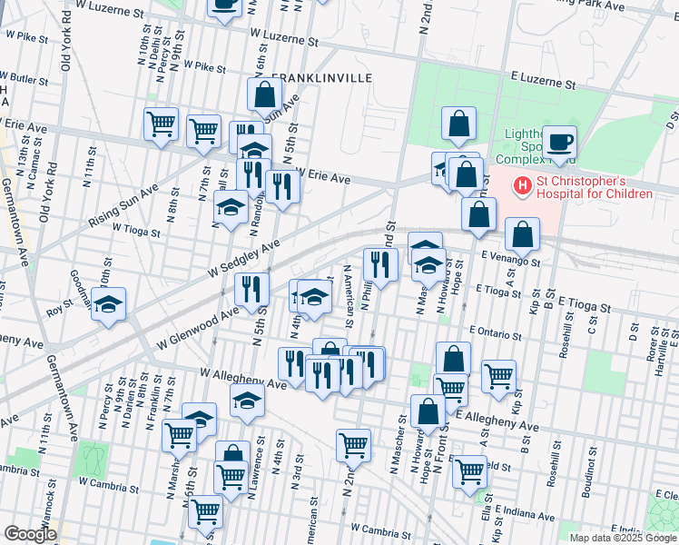 map of restaurants, bars, coffee shops, grocery stores, and more near 3458 North Bodine Street in Philadelphia