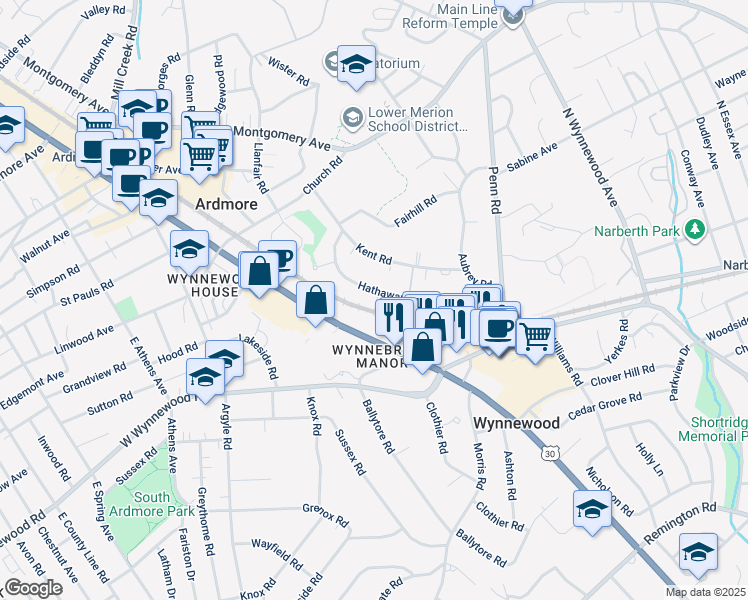 map of restaurants, bars, coffee shops, grocery stores, and more near 268 Hathaway Lane in Wynnewood