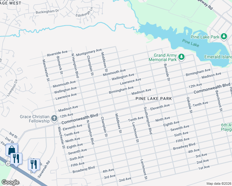 map of restaurants, bars, coffee shops, grocery stores, and more near 1032 Birmingham Avenue in Toms River