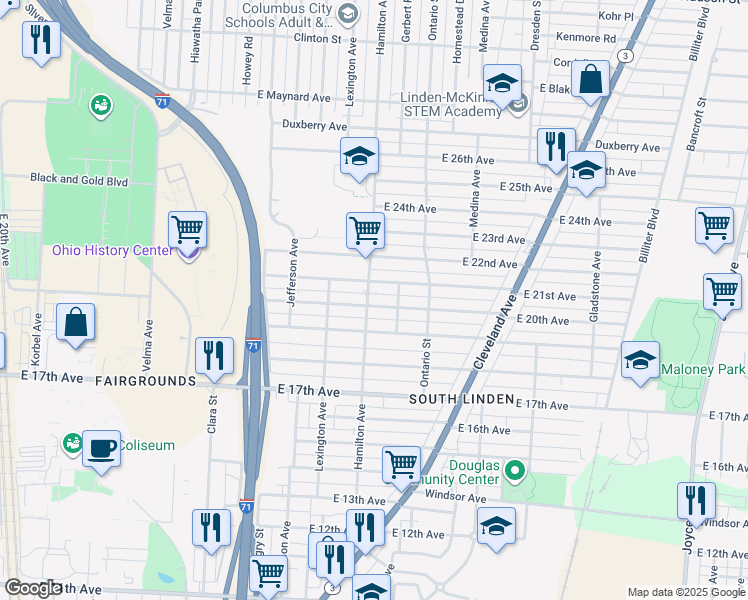map of restaurants, bars, coffee shops, grocery stores, and more near 1047 East 20th Avenue in Columbus