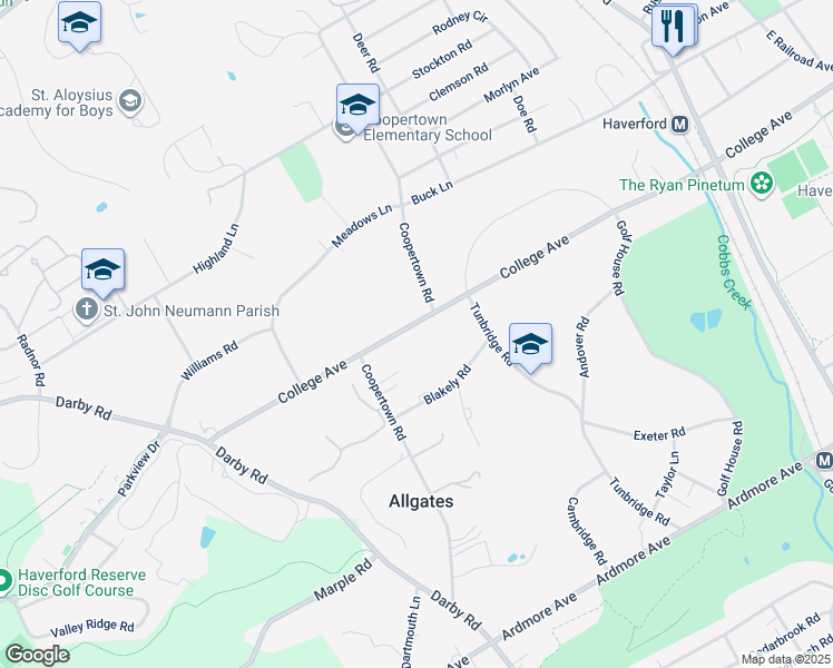 map of restaurants, bars, coffee shops, grocery stores, and more near 425 College Avenue in Haverford