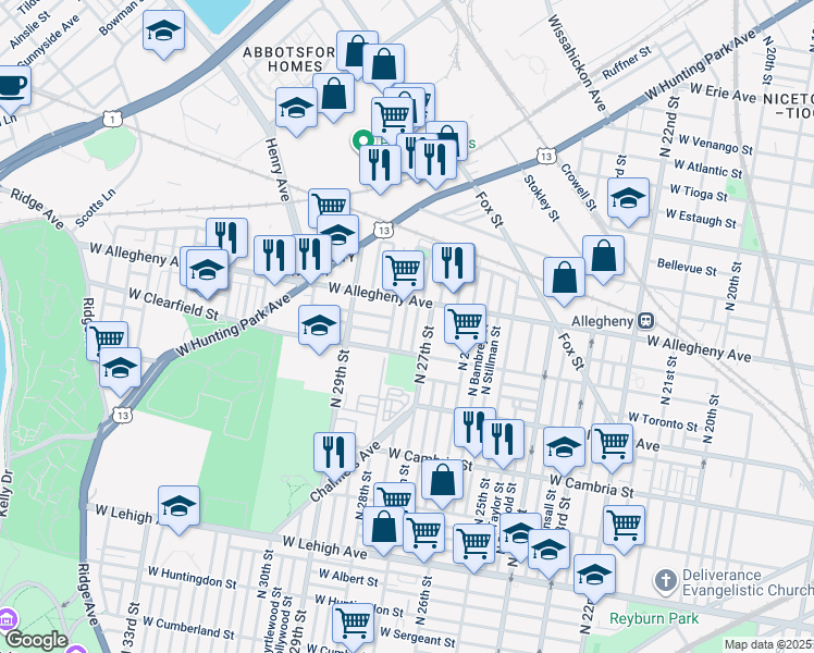 map of restaurants, bars, coffee shops, grocery stores, and more near 3151 Pennock Street in Philadelphia