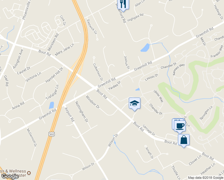 map of restaurants, bars, coffee shops, grocery stores, and more near 1643 Yardley Drive in West Chester