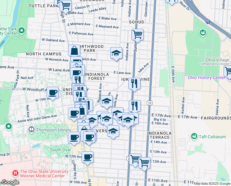 map of restaurants, bars, coffee shops, grocery stores, and more near 1993 Indianola Avenue in Columbus
