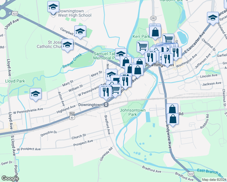 map of restaurants, bars, coffee shops, grocery stores, and more near 124 Western Avenue in Downingtown