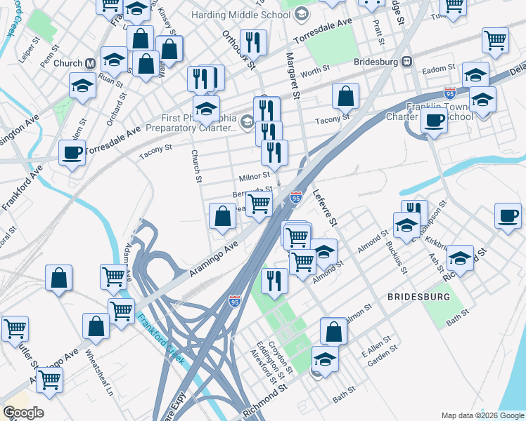 map of restaurants, bars, coffee shops, grocery stores, and more near in Philadelphia