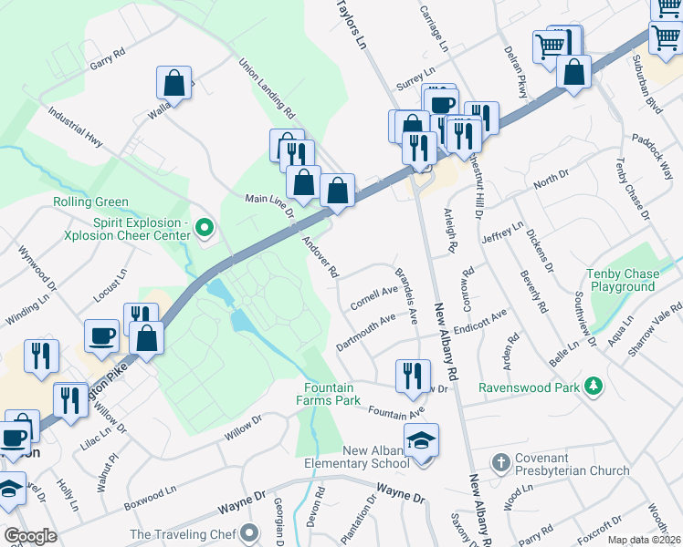 map of restaurants, bars, coffee shops, grocery stores, and more near 2050 Brandeis Avenue in Cinnaminson